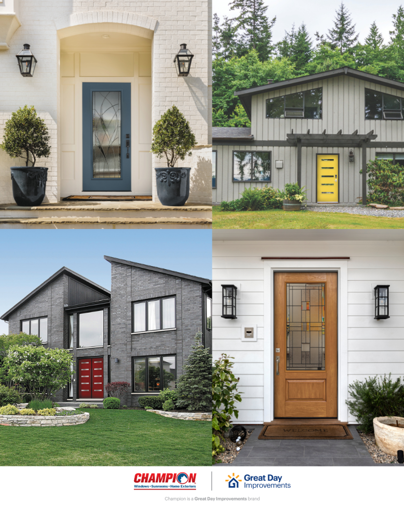 Four different images of statement front doors with a variety of colors and glass design by Champion, a Great Day Improvements brand.